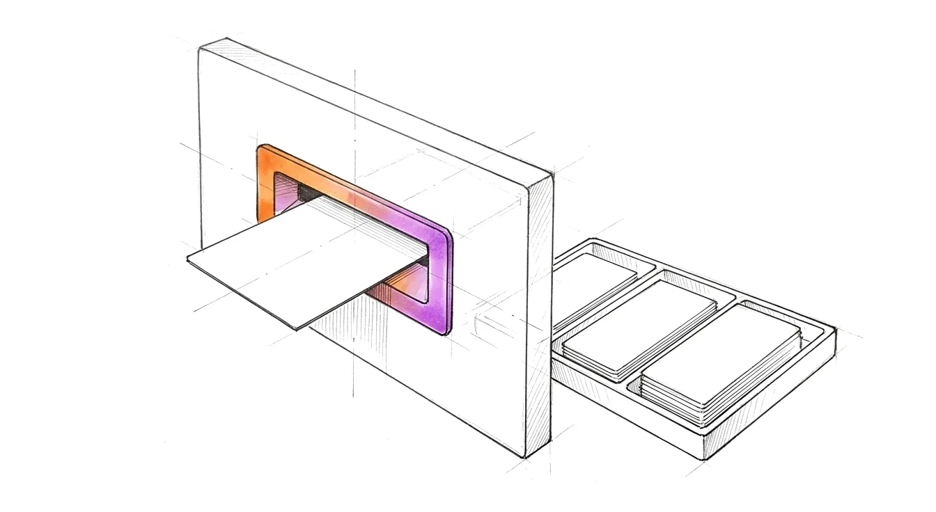 Sketch: a blank card passing through a mail slot and continuing as smaller cards sorted into three trays; the slot rim carries the gradient.