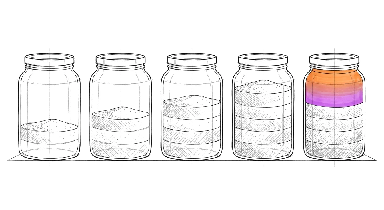 Sketch: five glass jars in a row, each holding more settled layers of sand than the one before; the top layer of the fullest jar carries the gradient.