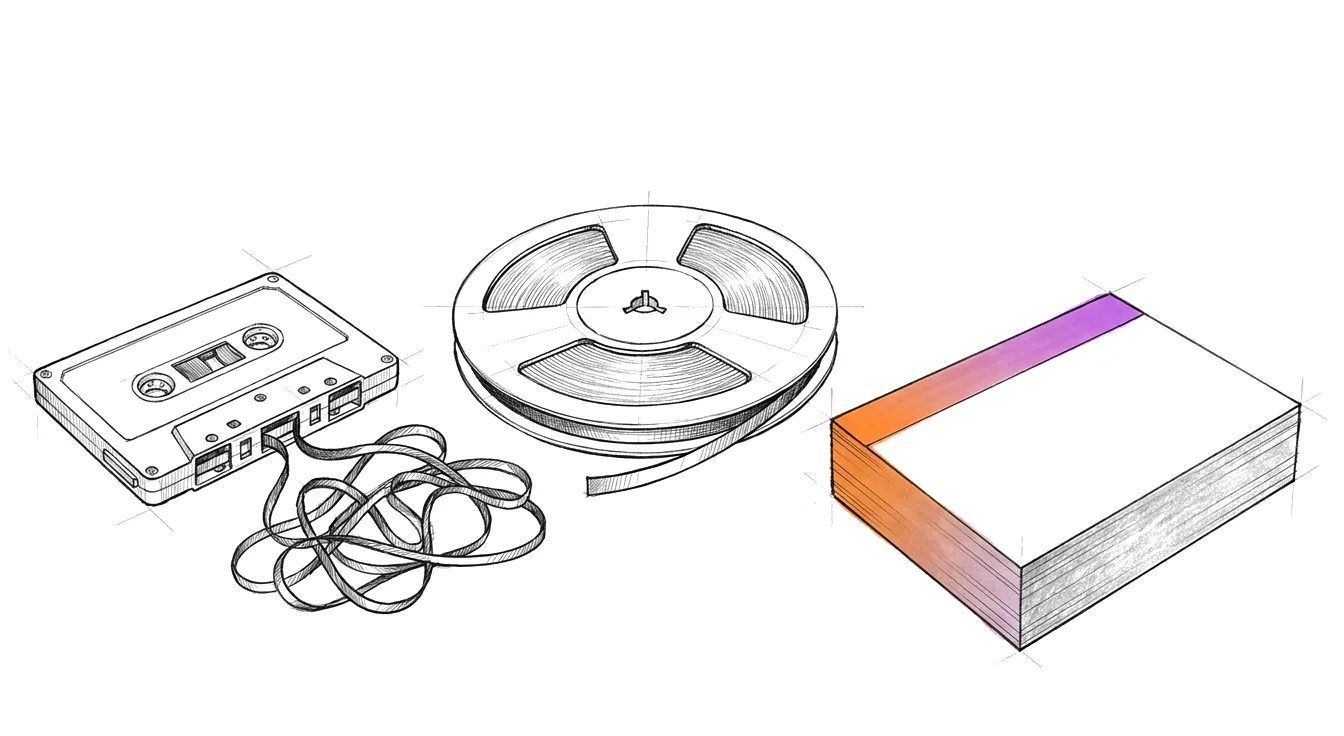 Sketch: a cassette with its tape in a tangle, the same tape wound onto a reel, and a squared stack of blank index cards in the gradient.