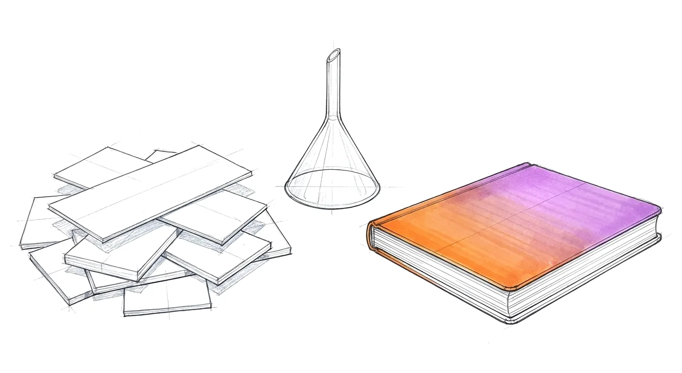 Sketch: a loose pile of blank paper slips, a glass funnel, and a closed notebook whose cover carries the orange-to-purple gradient.