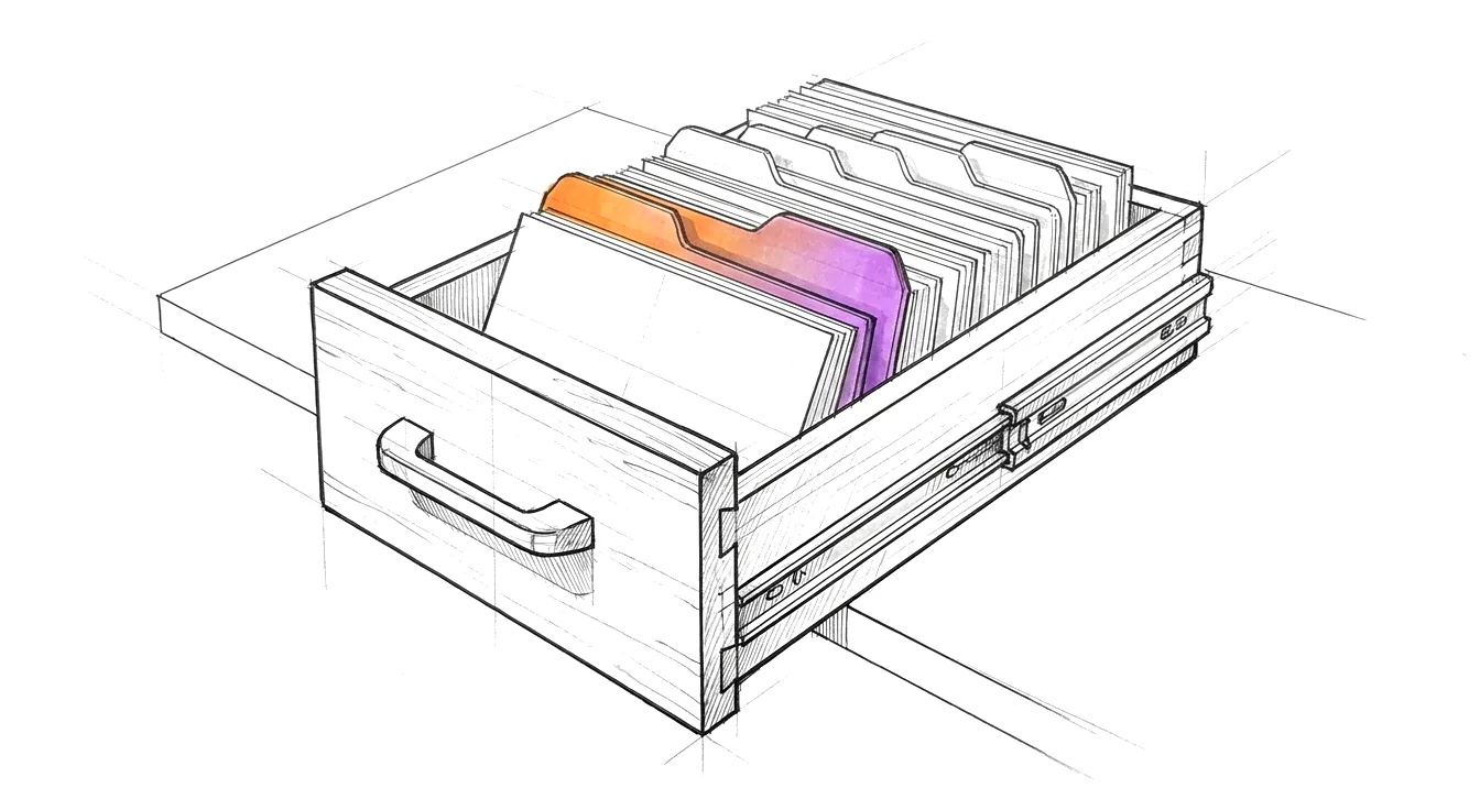 Sketch: an open card-index drawer of blank cards; one divider tab carries the gradient.