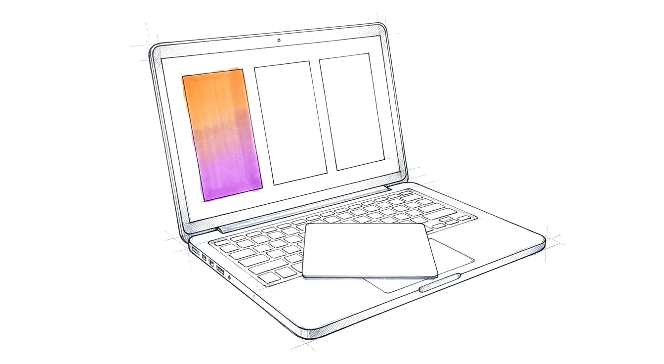 Sketch: an open laptop whose screen shows three empty columns; the leftmost column carries the gradient.